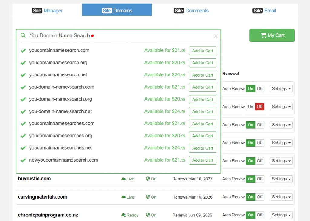 Domain name search inside the Wealthy Affiliate platform.