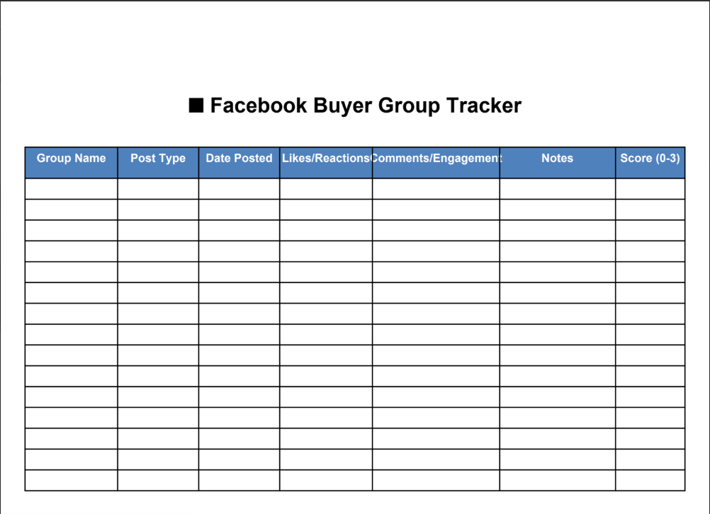 Facebook buyer group tracker sheet. Free resource for bloggers