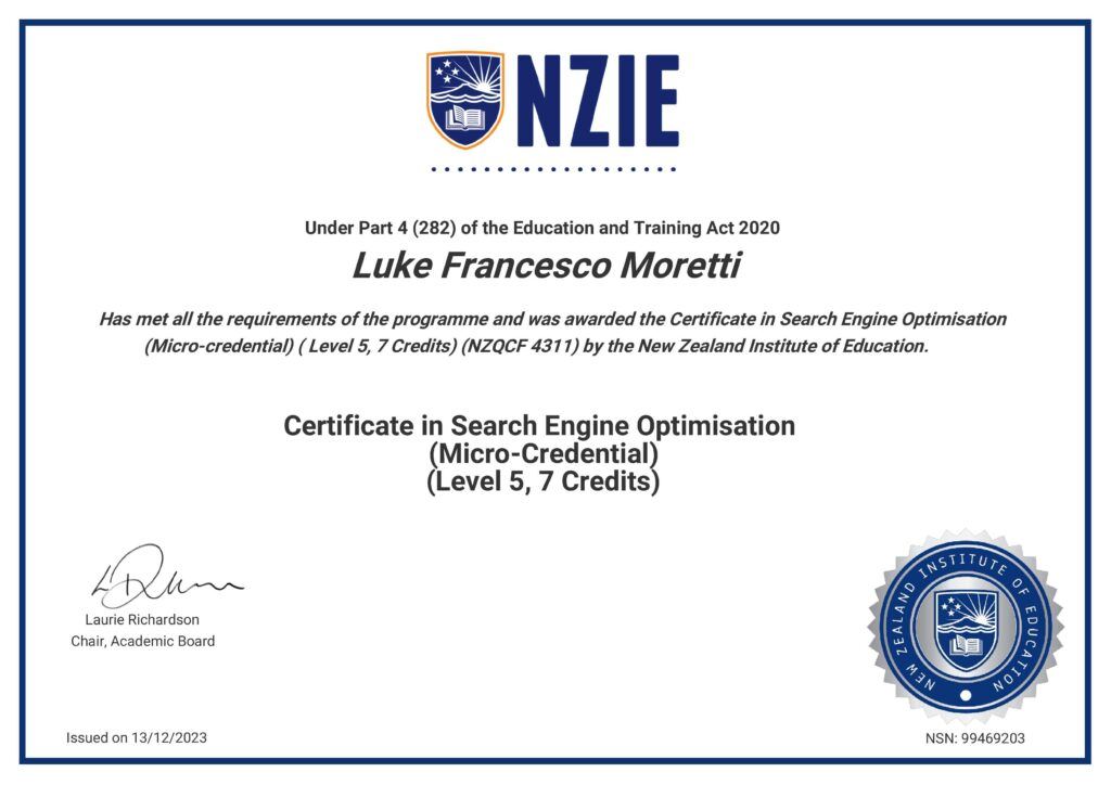 Luke Moretti with his certificate in Search Engine Optimization