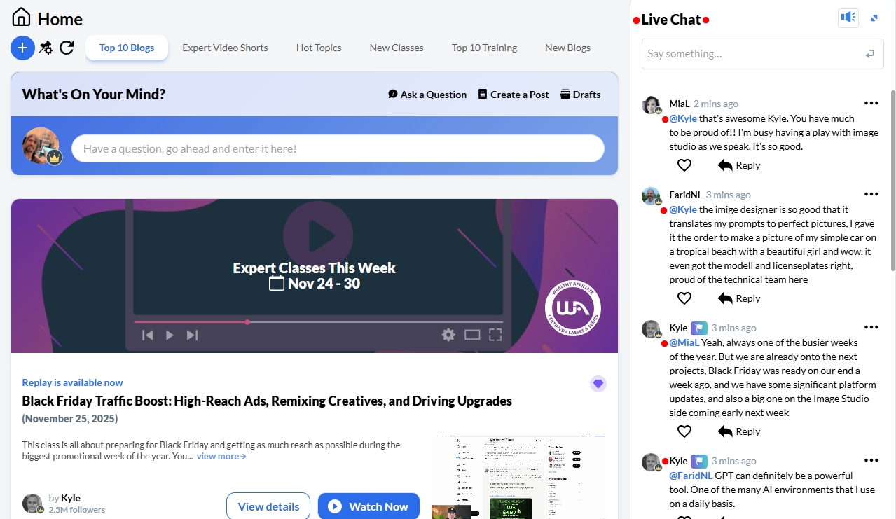 Live chat and support inside Wealthy Affiliate the best blogging platform