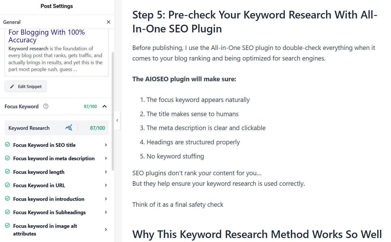 AIOSEO Score for keyword research