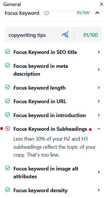 make sure you include the Focus Keyword in subheadings