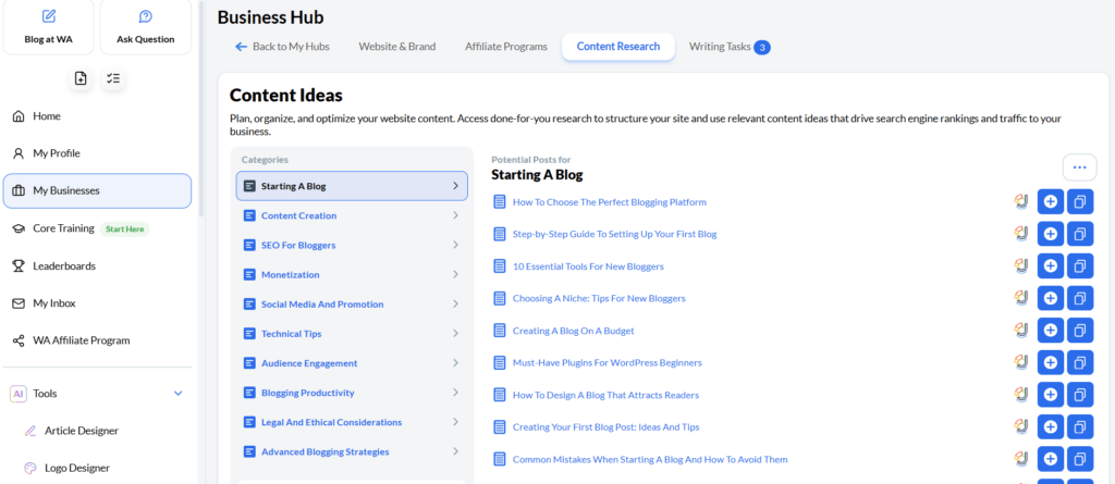 Using the Wealthy Affiliate Content creator for blog post ideas