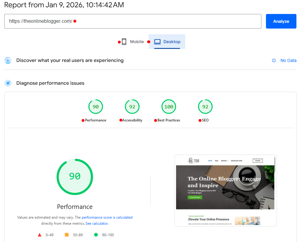 Google page speed insights results example image
