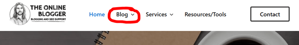 Image of The Online Blogger heading main menu Blog Page highlighted.