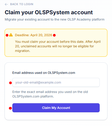 an image directing existing OLSP users to Claim their Account inside the new OLSP Academy platform
