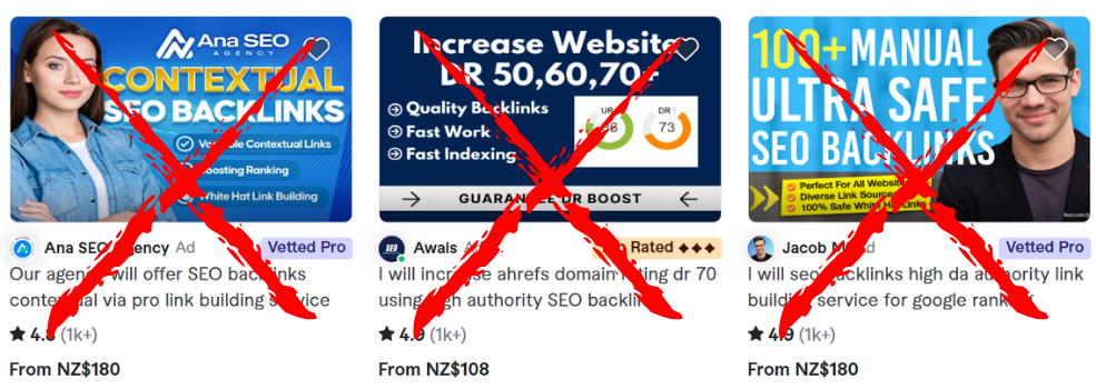 How not to build website authority. Image of cheap backlink orders on Fiverr