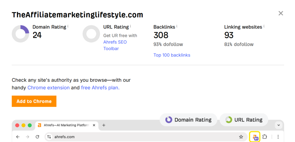 An image of a Website Authority score for the website theaffiliatemarketinglifestyle.com