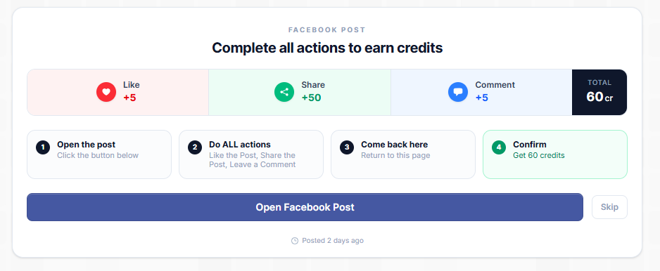 Complete these actions to earn credits for ViralHub