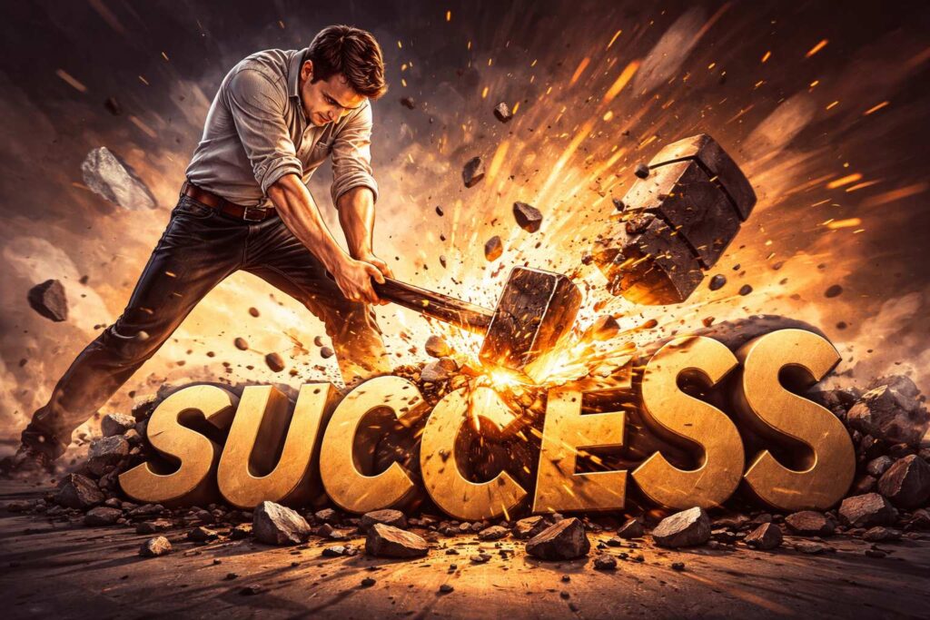 Imperfect Action. An image of someone smashing up success because they do not take action.