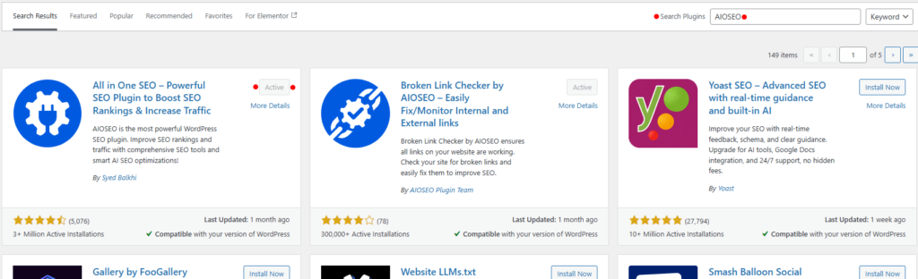 Type AIOSEO into the search bar